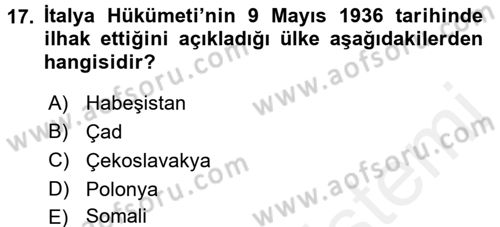 Siyasi Tarih Dersi Ara Sınavı Deneme Sınav Soruları 17. Soru