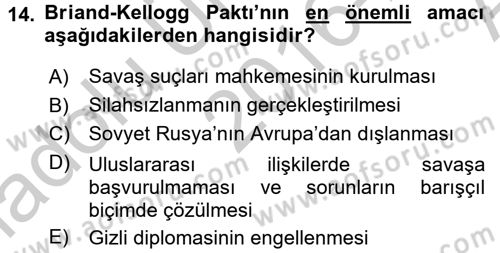 Siyasi Tarih Dersi Ara Sınavı Deneme Sınav Soruları 14. Soru