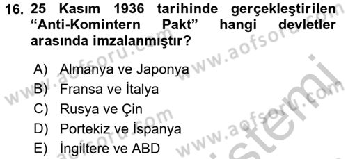 Siyasi Tarih Dersi Ara Sınavı Deneme Sınav Soruları 16. Soru