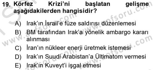 Siyasi Tarih Dersi 2016 - 2017 Yılı (Final) Dönem Sonu Sınav Soruları 19. Soru
