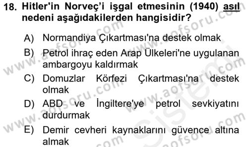 Siyasi Tarih Dersi 2017 - 2018 Yılı (Vize) Ara Sınav Soruları 18. Soru