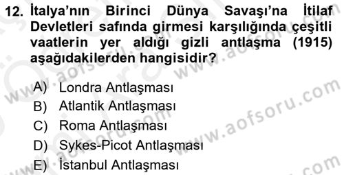 Siyasi Tarih Dersi 2018 - 2019 Yılı (Vize) Ara Sınav Soruları 12. Soru