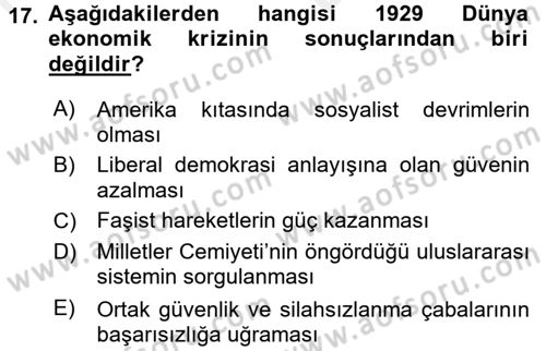 Siyasi Tarih Dersi 2018 - 2019 Yılı (Vize) Ara Sınav Soruları 17. Soru