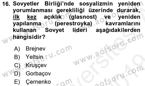 Siyasi Tarih Dersi 2018 - 2019 Yılı (Final) Dönem Sonu Sınav Soruları 16. Soru