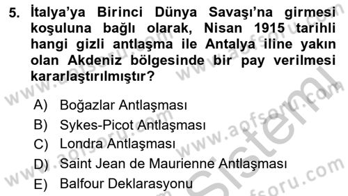 Siyasi Tarih Dersi 2018 - 2019 Yılı Yaz Okulu Sınav Soruları 5. Soru