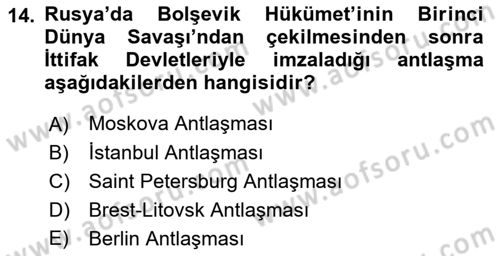Siyasi Tarih Dersi 2021 - 2022 Yılı (Vize) Ara Sınav Soruları 14. Soru