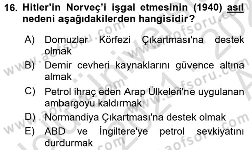 Siyasi Tarih Dersi 2021 - 2022 Yılı (Vize) Ara Sınav Soruları 16. Soru