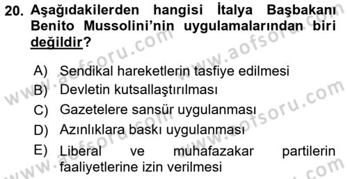 Siyasi Tarih Dersi 2021 - 2022 Yılı (Vize) Ara Sınav Soruları 20. Soru