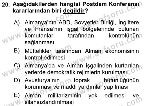 Siyasi Tarih Dersi 2023 - 2024 Yılı (Vize) Ara Sınav Soruları 20. Soru