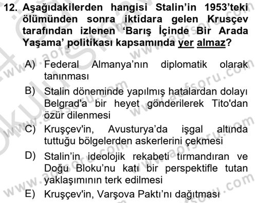 Siyasi Tarih Dersi 2023 - 2024 Yılı Yaz Okulu Sınav Soruları 12. Soru