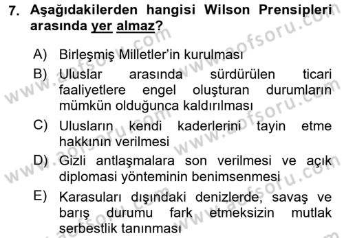 Siyasi Tarih Dersi 2023 - 2024 Yılı Yaz Okulu Sınav Soruları 7. Soru
