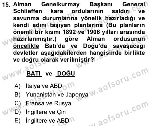 Siyasi Tarih Dersi 2024 - 2025 Yılı (Vize) Ara Sınav Soruları 15. Soru