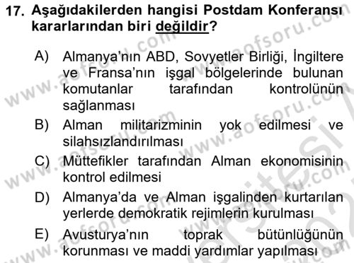 Siyasi Tarih Dersi 2024 - 2025 Yılı (Vize) Ara Sınav Soruları 17. Soru