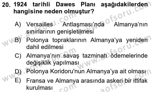 Siyasi Tarih Dersi 2024 - 2025 Yılı (Vize) Ara Sınav Soruları 20. Soru