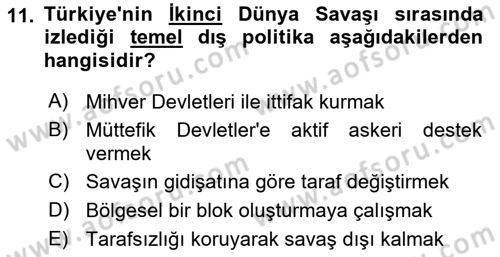 Siyasi Tarih Dersi 2025 - 2026 Yılı (Vize) Ara Sınav Soruları 11. Soru