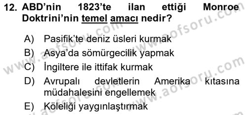Siyasi Tarih Dersi 2025 - 2026 Yılı (Vize) Ara Sınav Soruları 12. Soru