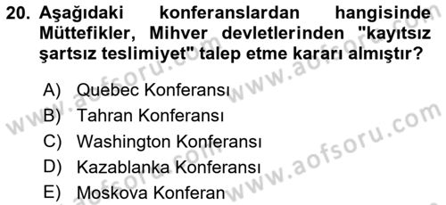 Siyasi Tarih Dersi 2025 - 2026 Yılı (Vize) Ara Sınav Soruları 20. Soru