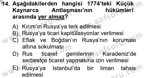 Siyasi Tarih 1 Dersi Ara Sınavı Deneme Sınav Soruları 14. Soru