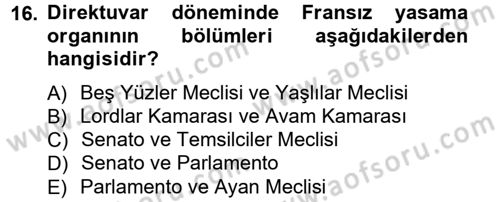 Siyasi Tarih 1 Dersi Ara Sınavı Deneme Sınav Soruları 16. Soru