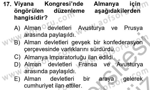 Siyasi Tarih 1 Dersi Ara Sınavı Deneme Sınav Soruları 17. Soru