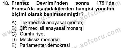 Siyasi Tarih 1 Dersi Ara Sınavı Deneme Sınav Soruları 18. Soru
