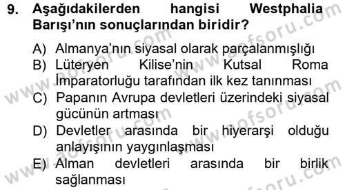 Siyasi Tarih 1 Dersi Ara Sınavı Deneme Sınav Soruları 9. Soru