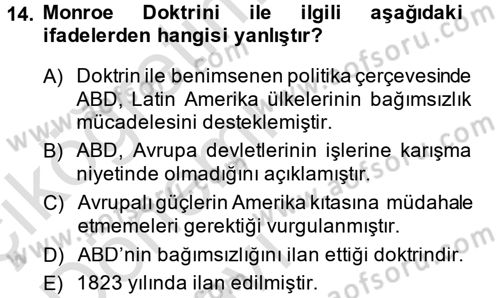 Siyasi Tarih 1 Dersi 2013 - 2014 Yılı Tek Ders Sınav Soruları 14. Soru