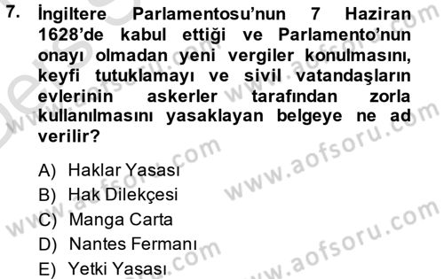 Siyasi Tarih 1 Dersi 2013 - 2014 Yılı Tek Ders Sınav Soruları 7. Soru