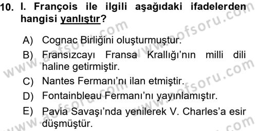 Siyasi Tarih 1 Dersi Ara Sınavı Deneme Sınav Soruları 10. Soru