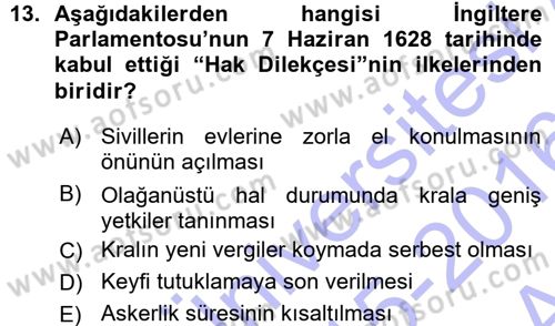 Siyasi Tarih 1 Dersi Ara Sınavı Deneme Sınav Soruları 13. Soru