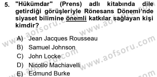 Siyasi Tarih 1 Dersi Ara Sınavı Deneme Sınav Soruları 5. Soru