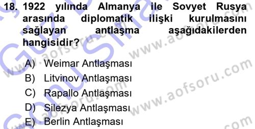 Siyasi Tarih 1 Dersi 2015 - 2016 Yılı (Final) Dönem Sonu Sınav Soruları 18. Soru