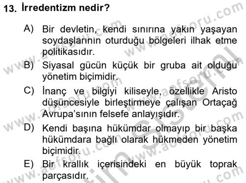 Siyasi Tarih 1 Dersi 2016 - 2017 Yılı 3 Ders Sınav Soruları 13. Soru