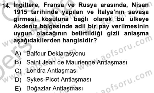 Siyasi Tarih 1 Dersi 2016 - 2017 Yılı 3 Ders Sınav Soruları 14. Soru