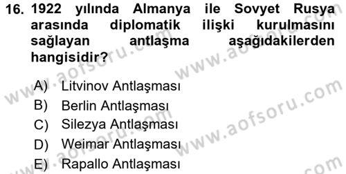 Siyasi Tarih 1 Dersi 2016 - 2017 Yılı 3 Ders Sınav Soruları 16. Soru