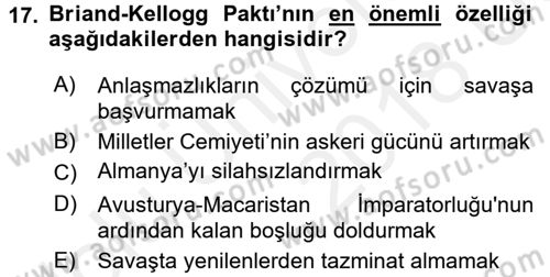 Siyasi Tarih 1 Dersi 2017 - 2018 Yılı 3 Ders Sınav Soruları 17. Soru