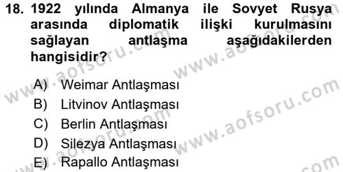Siyasi Tarih 1 Dersi 2017 - 2018 Yılı 3 Ders Sınav Soruları 18. Soru
