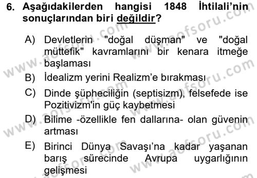 Siyasi Tarih 1 Dersi 2017 - 2018 Yılı 3 Ders Sınav Soruları 6. Soru