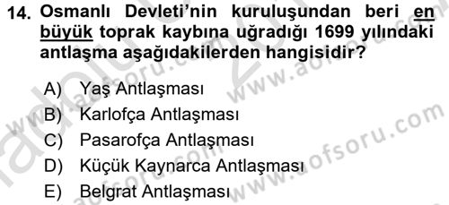 Siyasi Tarih 1 Dersi Ara Sınavı Deneme Sınav Soruları 14. Soru