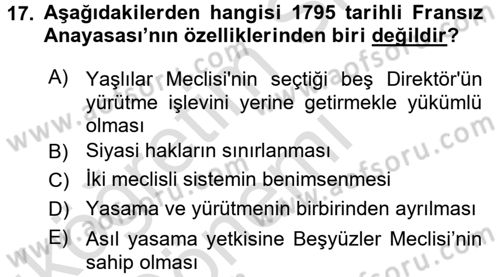 Siyasi Tarih 1 Dersi 2017 - 2018 Yılı (Vize) Ara Sınav Soruları 17. Soru