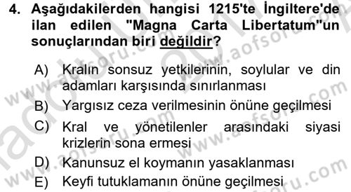 Siyasi Tarih 1 Dersi Ara Sınavı Deneme Sınav Soruları 4. Soru