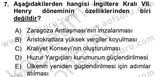 Siyasi Tarih 1 Dersi Ara Sınavı Deneme Sınav Soruları 7. Soru