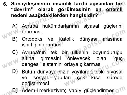 Siyasi Tarih 1 Dersi 2018 - 2019 Yılı 3 Ders Sınav Soruları 6. Soru