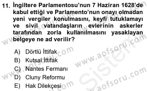Siyasi Tarih 1 Dersi 2018 - 2019 Yılı (Vize) Ara Sınav Soruları 11. Soru