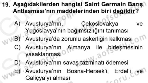 Siyasi Tarih 1 Dersi 2018 - 2019 Yılı (Final) Dönem Sonu Sınav Soruları 19. Soru