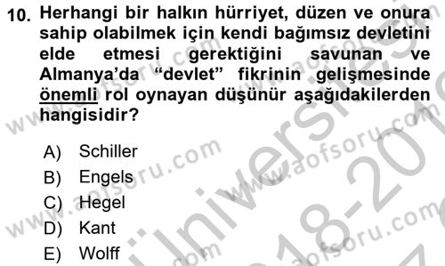 Siyasi Tarih 1 Dersi 2018 - 2019 Yılı Yaz Okulu Sınav Soruları 10. Soru