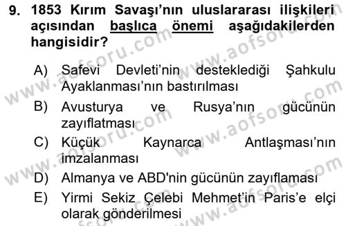 Siyasi Tarih 1 Dersi 2018 - 2019 Yılı Yaz Okulu Sınav Soruları 9. Soru