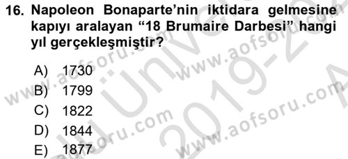 Siyasi Tarih 1 Dersi 2019 - 2020 Yılı (Vize) Ara Sınavı 16. Soru