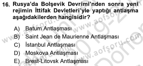 Siyasi Tarih 1 Dersi 2019 - 2020 Yılı (Final) Dönem Sonu Sınav Soruları 16. Soru