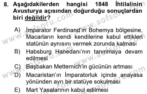 Siyasi Tarih 1 Dersi 2019 - 2020 Yılı (Final) Dönem Sonu Sınav Soruları 8. Soru